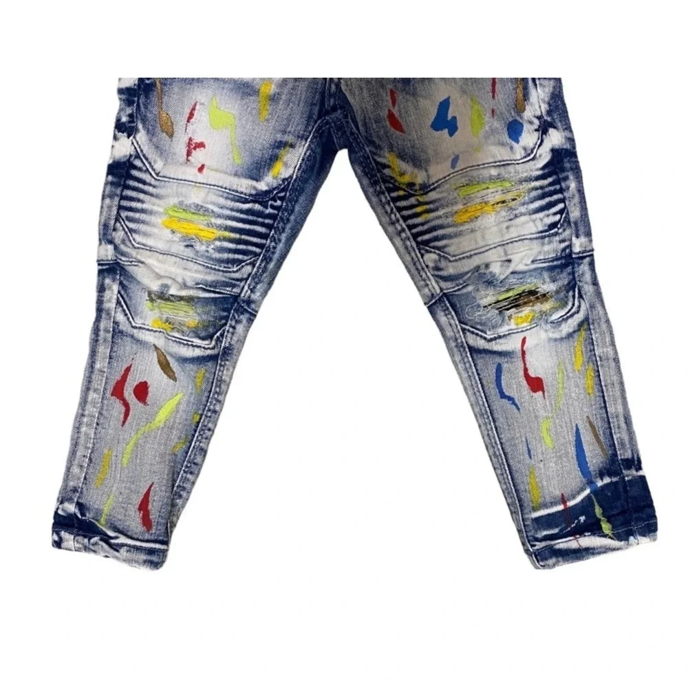 Elite Premium Denim Kids Moto Jeans 2T 3T Paint Splatter Distressed Stretch